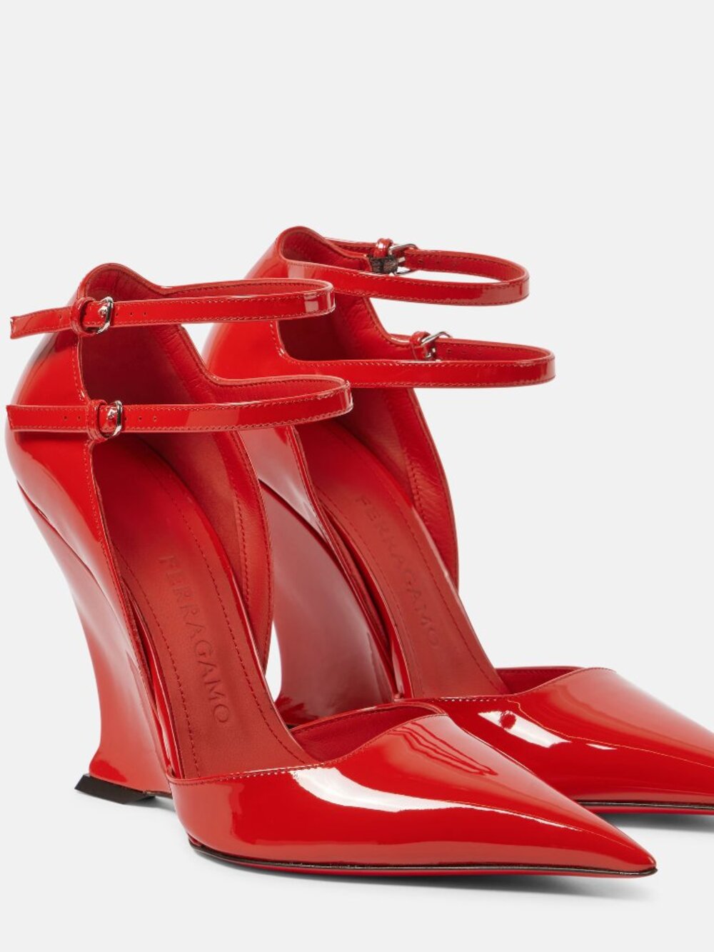 Salvatore Ferragamo Red Patent Pointed-Toe Crisscross Heels